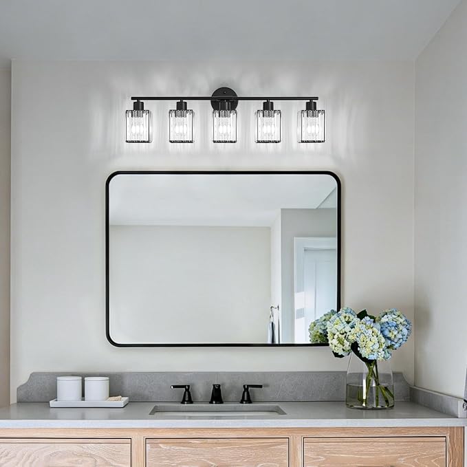 5 Light Bathroom Light Fixtures, Modern Crystal Vanity Lights over Mirror | Metal Frame, Bathroom Light with Square Crystal Shade, ETL Certified, E26 Ceramic Socket, Bulbs Not Included