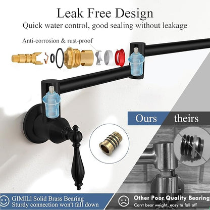 Pot Filler Faucets with Brass Wall Mount Double Joint Swing Arms for Kitchen, Sink, Stove and Bar - Leak Free Designs with High-Flow Aerators - Retractable & Folding for Space Saving - Matte Black