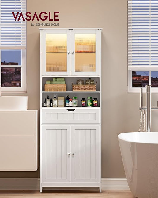 VASAGLE Storage Cabinet with LED Lights, Freestanding Storage Unit with Adjustable Shelves, Drawer, Open Compartments, for Bathroom, Living Room, Kitchen, Cloud White UBBC767WH01S