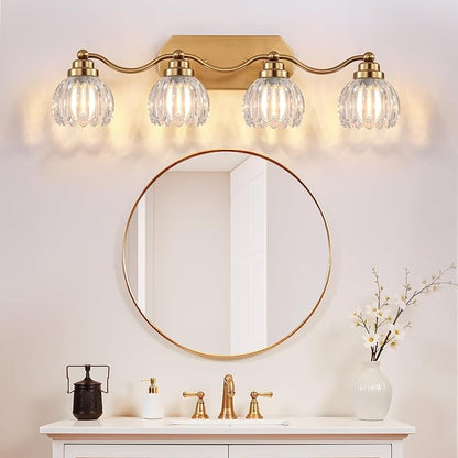 Bathroom Vanity Light, Gold Vintage Tulip Glass Shade, Antique Brass Finish | 4 Light Brushed Gold Bathroom Light Fixtures, Crystal Wall Sconce, Mounted Over Mirror for Bedroom Hallway, Easy to Install