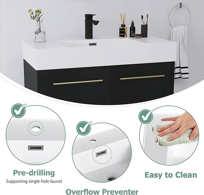 36 Inch Floating Bathroom Vanity,36" Bathroom Vanity with Sink,Modern Single Sink Bathroom Vanity Combo,Black Wall Mounted Cabinet Set