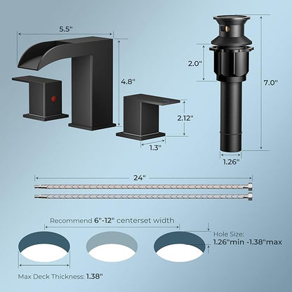 QFN Matte Black Bathroom Sink Faucet 3 Hole, 8 Inch Widespread Square Bathroom Faucet with Metal Pop-up Drain and 24" CUPC Supply Line, Lead-Free 2 Handles for Vanity, Restroom, Lavatory and Mall