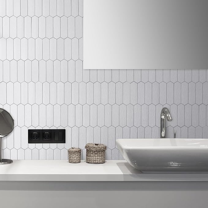DICOFUN 1 Sheet Brushed Metal Long Hexagon Peel and Stick Backsplash, 12"x12" PVC Stick on Backsplash Wall Tiles for Kitchen and Bathroom