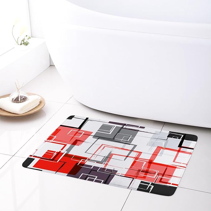 Abstract Geometric Red Shower Curtain Sets with Rugs, Gray Black and White Geometric Textured Bathroom Curtain Polyester Fabric Bathroom Decoration Shower Curtain Set,70L X 70W Inches