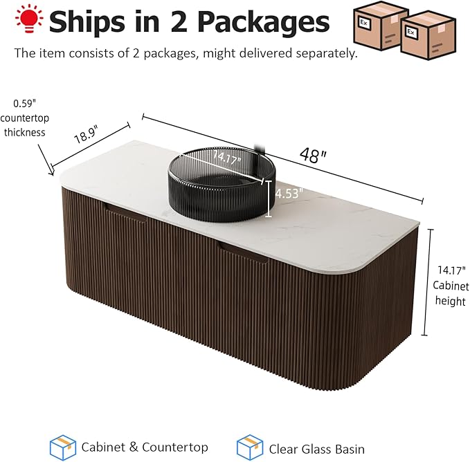 48" Floating Bathroom Vanity with Sink, Modern Wall-Mount Bathroom Cabinet with 2 Large Storage Drawers, Round Transparent Black Glass Basin and Marble Top, Soft-Close Design, Dark Walnut