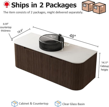 48" Floating Bathroom Vanity with Sink, Modern Wall-Mount Bathroom Cabinet with 2 Large Storage Drawers, Round Transparent Black Glass Basin and Marble Top, Soft-Close Design, Dark Walnut