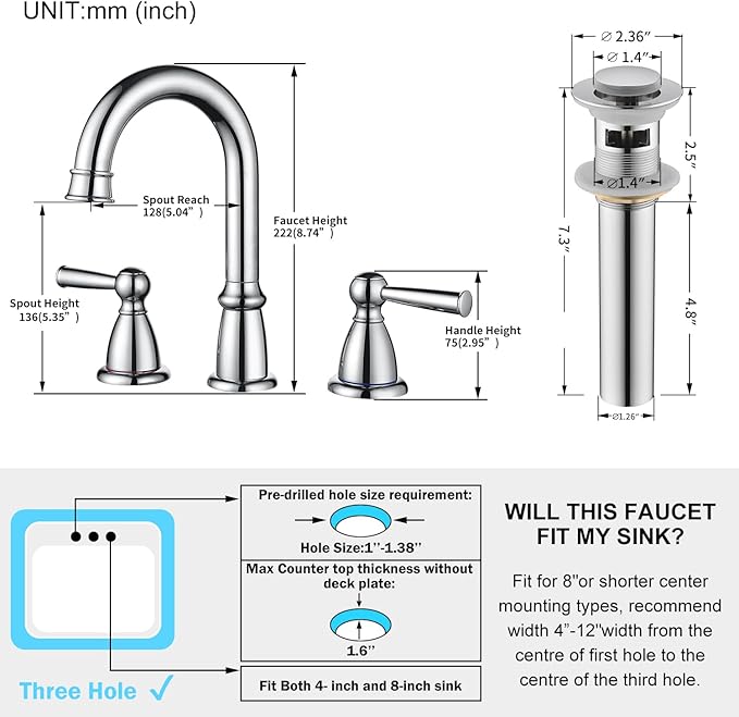 CREA Widespread Bathroom Faucet 3 Hole Chrome 8 inch 2 Handle Faucet with Pop Up Drain 4 in Sink Faucets for Vanity Lavatory Basin Restroom Bath
