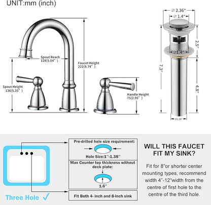 CREA Widespread Bathroom Faucet 3 Hole Chrome 8 inch 2 Handle Faucet with Pop Up Drain 4 in Sink Faucets for Vanity Lavatory Basin Restroom Bath