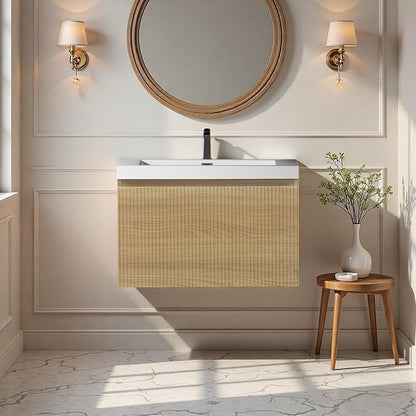 24'' Floating Bathroom Vanity with Sink, Wall-Mounted Bathroom Storage Cabinet with Soft-Close Striped Drawer & Solid Surface Basin, Modern Natural Oak Body with Internal Handle, Wood