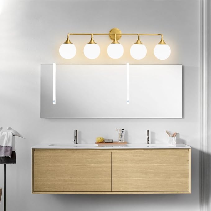 Brushed Gold Bathroom Light Fixtures Over Mirror Vanity 5-Light | Mid Century Modern Brushed Gold Wall Sconce with Milky White Glass Ball Shades for for Bathroom Dressing Table Bedroom