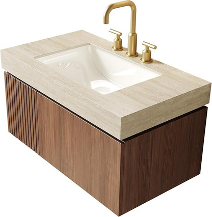KEIKI 36 Inch Floating Bathroom Vanity with Sink, Modern Wall Mounted Storage Cabinet with Drawer, Pre-assembled Waterproof Wood Panels, Sintered Stone Top & Ceramic Basin Combo Set, Brown Oak & Beige