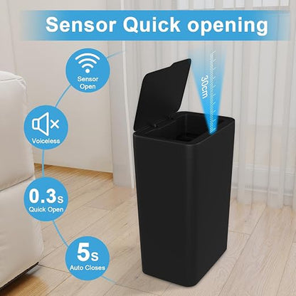 Naisu 2 Pack 4 Gal Bathroom Trash Can with Lid,Automatic Garbage Can with Touchless and Sealed Design,Slim Motion Sensor Waterproof Plastic Trash Bin Suitable for Bedrooms,Bathrooms,Kitchens,（Black）