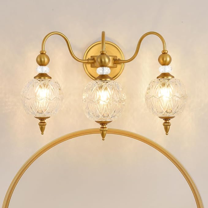 Vintage 3-Light Bathroom Vanity Light Over Mirror, Matte Brass | 18.7in Wide Farmhouse Bathroom Decor, Ribbed Glass Shades, G9 base, Wall Mounted, Mid Century Wall Sconces Vanity Lighting
