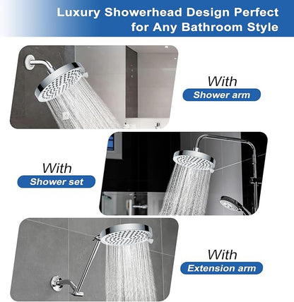 High Pressure Shower Head 7-Setting 6" Fixed Rain for Low Flow | 360° adjustable ball joint, ABS lightweight, low water pressure, easy install without tools, ideal for dorm/apartment/renter