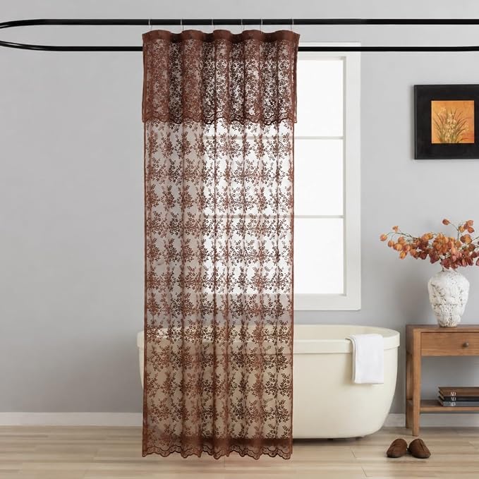 TUDECO Brown Lace Stall Shower Curtains for Narrow Bathroom, 36''W x 72''L | Half Size, Vintage Floral, Sheer, Masculine, Scalloped Edges, Attached Valance, Reinforced Holes, Machine Washable