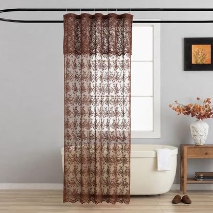 TUDECO Brown Lace Stall Shower Curtains for Narrow Bathroom, 36''W x 72''L | Half Size, Vintage Floral, Sheer, Masculine, Scalloped Edges, Attached Valance, Reinforced Holes, Machine Washable