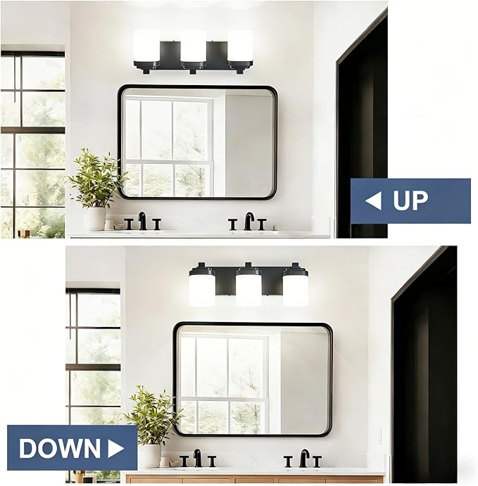 Vanity Lights for Bathroom, Modern Farmhouse Lighting Fixtures | 3-light black bathroom light fixtures over mirror, 17 inches bathroom light wall sconce with milky white square glass shade