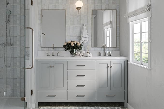 ARIEL Cambridge 66-inch Bathroom Vanity Base Cabinet,Solid Wood, 4 Soft Closing Doors, 6 Dovetail Drawers, Grey