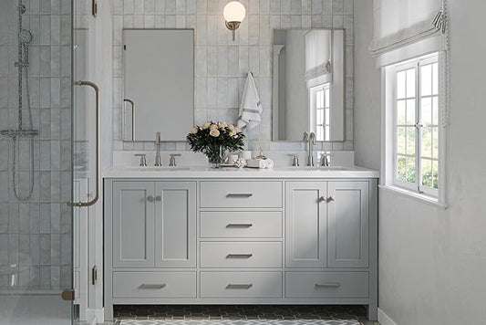 ARIEL Cambridge 66-inch Bathroom Vanity Base Cabinet,Solid Wood, 4 Soft Closing Doors, 6 Dovetail Drawers, Grey