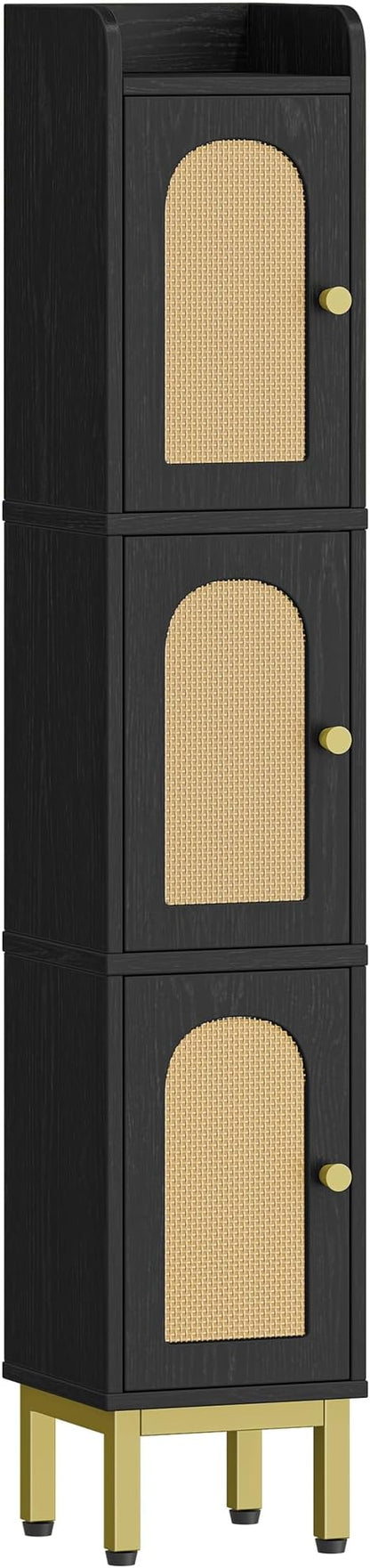 Hzuaneri Slim Bathroom Storage Cabinet, Narrow Bathroom Organizers,3 Doors | Narrow Storage Cabinet with 4 Adjustable Feet, Laundry Room Organization for Small Space, Kitchen,Living Room,Rattan Black