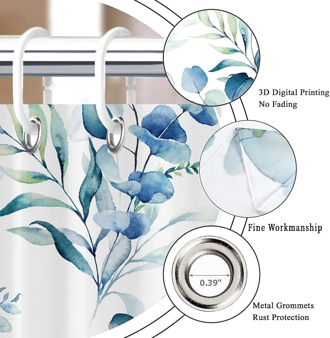 Blue Eucalyptus Leaf Long Shower Curtain, Blue Botanical Watercolor Plants Bathroom Curtain Bathtub Home Decor Waterproof Fabric Machine Washable with 12 PCS Hooks,72" Wx96 L