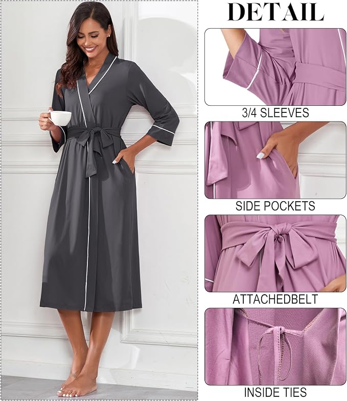 PrinStory Robes for Women 3/4 Sleeve Long Bath Robe XS-4XL | V-Neck Knit Bathrobe with Pockets, Lightweight, Soft, Breathable Robes for Shower, Spa, Travel, Home, Party, Nursing