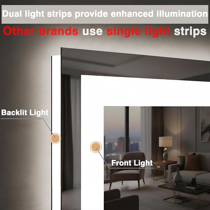 EchosLife 72"x36" Bathroom Mirror with Lights | Backlit + Front Lit, Anti-Fog, Stepless Dimmable, 3 Colors, Memory, Tempered Glass, UL Listed, Horizontal/Vertical