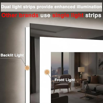 EchosLife 72"x36" Bathroom Mirror with Lights | Backlit + Front Lit, Anti-Fog, Stepless Dimmable, 3 Colors, Memory, Tempered Glass, UL Listed, Horizontal/Vertical
