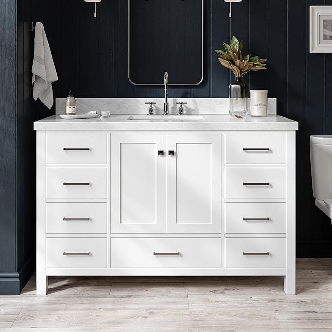 ARIEL Cambridge 54-inch Bathroom Vanity with Sink,Solid Wood, 1.5-inch Pure White Quartz Countertop & Backsplash, Single Rectangular Porcelain Sink, 2 Soft Closing Doors, 9 Dovetail Drawers, White