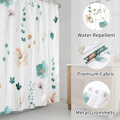 Teal Beige Watercolor Floral Fabric Shower Curtain, 72x78 | Waterproof Fabric, Modern Minimalist Floral Print, Machine Washable, Rustproof Grommets, Fade Resistant, for Bath Home
