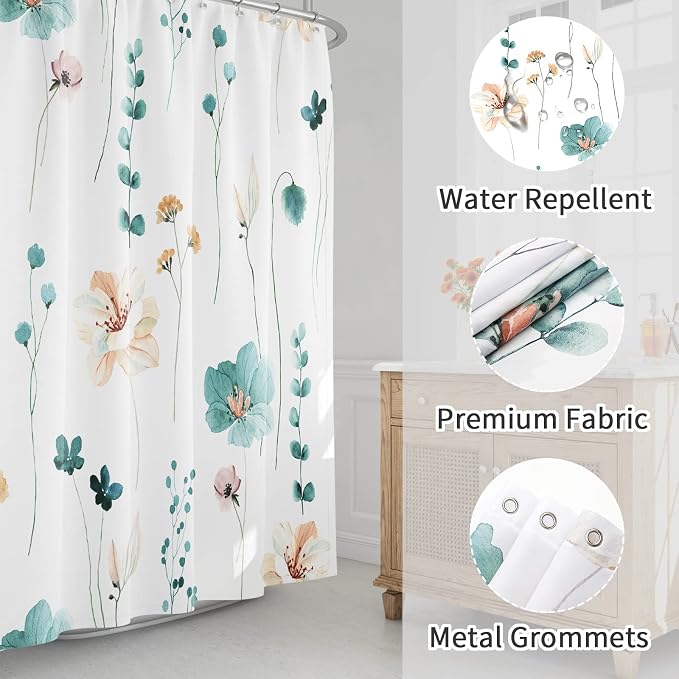 Teal Beige Watercolor Floral Fabric Shower Curtain 72x72 | Waterproof Fabric, Modern Minimalist Floral Print, Machine Washable, Rustproof Grommets, for Bathroom Home