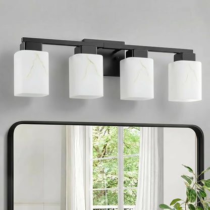 4-Light Square Bathroom Light Fixture, Black Modern Vanity Light with White Marble Glass Shade, for Bathroom Mirror, Living Room, Bedroom, Hallway, E26 Base