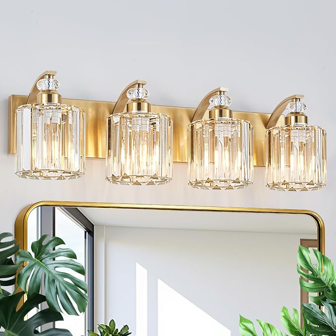 4-Lights Brushed Brass Bathroom Light Fixture Gold Vanity Lights Modern Crystal Bathroom Vanity Lighting Over Mirror Wall Sconce with K9 Crystal Shade E26 Base for Living Room, Bedroom Wall Lamp