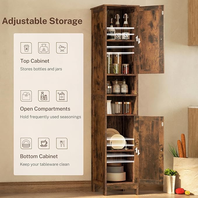 67" Tall Bathroom Cabinet with 2 Adjustable Shelves and 2 Doors, Narrow Bathroom Storage Cabinet for Small Space, Living Room, Entryway, Kitchen, Rustic Brown