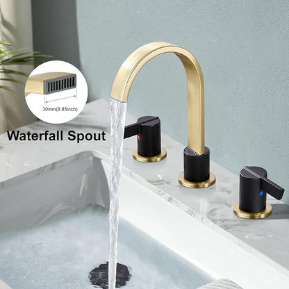 Midanya 8 Inch Widespread Bathroom Sink Faucet 3 Hole,Black and Gold Spout | Waterfall Swivel Spout,2 Handle,SUS304,with Pop Up Drain,cUPC 24" Water Hose,for 6-16” hole distance vanity,RV,Farmhouse Sink