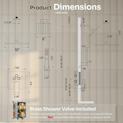 Gold Shower Faucet Set, Brushed Gold Shower System, 10'' Ceiling Shower Head and 6'' Wall Mounted ShowerHead, Dual Gold Shower Head with Handheld Combo, 3 In 1 Push Button Shower Diverter Valve