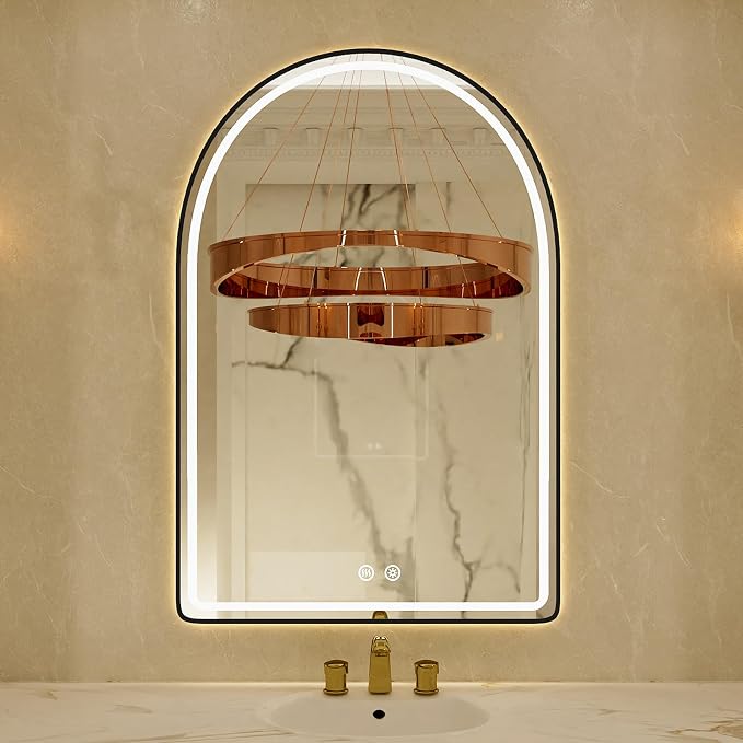 22x32 Arched Black LED Mirror for Bathroom with Frontlit & Backlit, Arch Wall Mounted Mirror for Bathroom with Anti-Fog, Dimmable Adjustable, 3 Colors, Black Framed Smart LED Light Up Mirrors