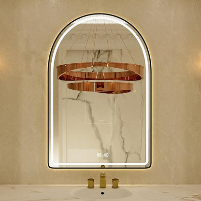 22x32 Arched Black LED Mirror for Bathroom with Frontlit & Backlit, Arch Wall Mounted Mirror for Bathroom with Anti-Fog, Dimmable Adjustable, 3 Colors, Black Framed Smart LED Light Up Mirrors