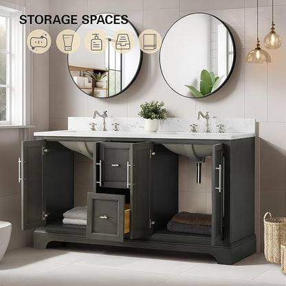 HOMEBEYOND 60 Inch Bathroom Vanity with Double Sink & Ceramic Top, Vanity Cabinet with Center Countertop Basin, Soft-Closing Doors, Backsplash,Sliver Grey