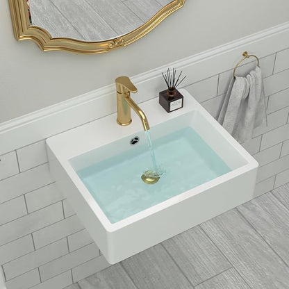 Floating Wall Mount Sink | Beslend 20"x17" Inch White Ceramic Vessel Sinks, Rectangular Art Basin with Single Hole, Small Space-Saving Bathroom Sink