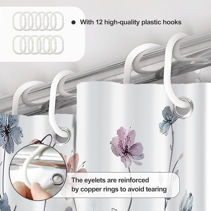 AWERT Wildflower Shower Curtain for Bathroom Watercolor Floral Shower Curtain with Hooks Waterproof Flower Printing Fabric Bathroom Decor 72x78 Inch