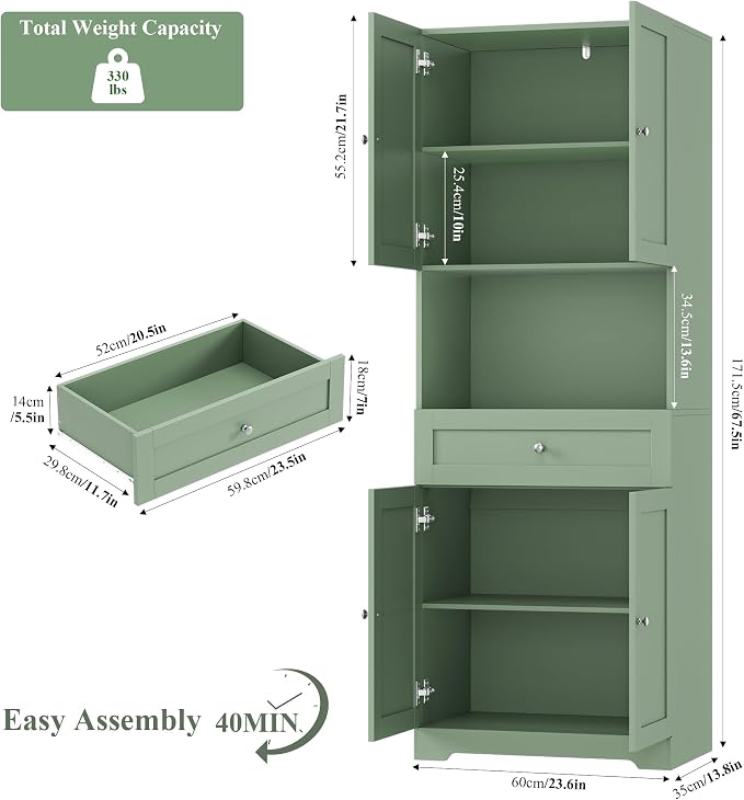 HIFIT Tall Bathroom Storage Cabinet with Drawer, Modern Linen Cabinet,Green | 67"H Tall Storage Cabinet with Doors & Shelves, Freestanding Kitchen Pantry for Bathroom, Dining Room, Laundry, Narrow Corner
