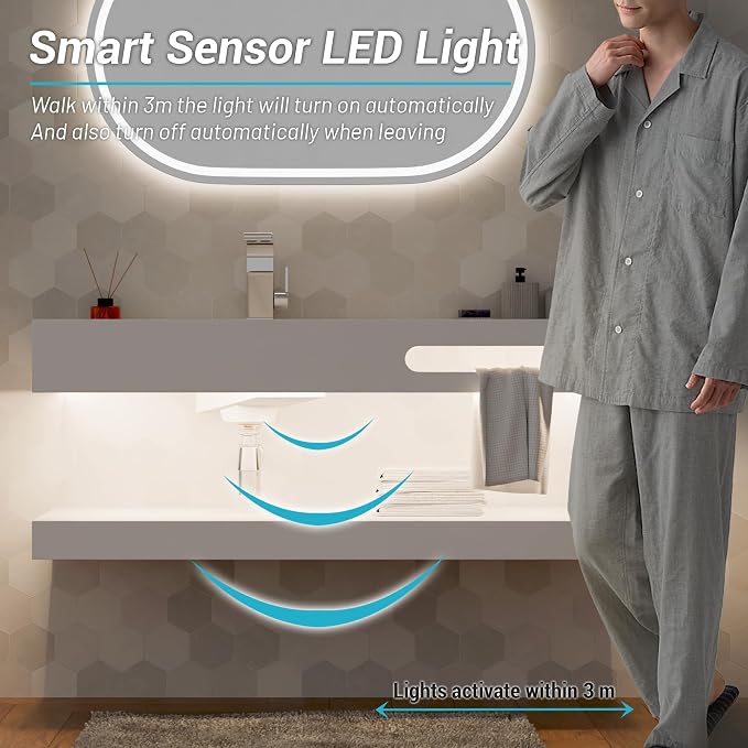 48"x19" Wall Mount Bathroom Vanity with LED Smart Sensor Light, Stone Resin Floating Vanity Sink Rectangular Vessel White Trough Art Basin with Shelf Layer