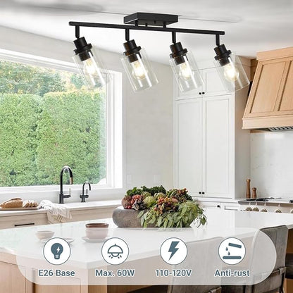 LOUSACE 4 Light Kitchen Track Light Fixtures Ceiling Vanity Lights Black, Bathroom Track Lighting Kit w/Rotatable Heads & Clear Glass Shade, Modern Wall Ceiling Tracking Light for Accent Shop Hallway