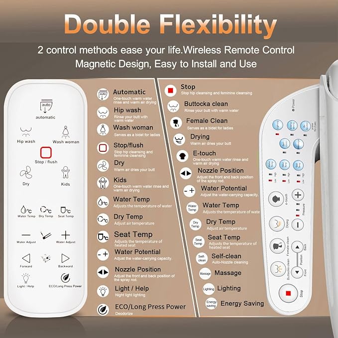 KERDE P30B Bidet Toilet Seat - Dual Control (Side Panel & Remote), Warm Water Wash, Heated Seat, Warm Air Dryer, LED Night Light,Existing Toilets Electric Bidet Elongated Electronic Heated Smart
