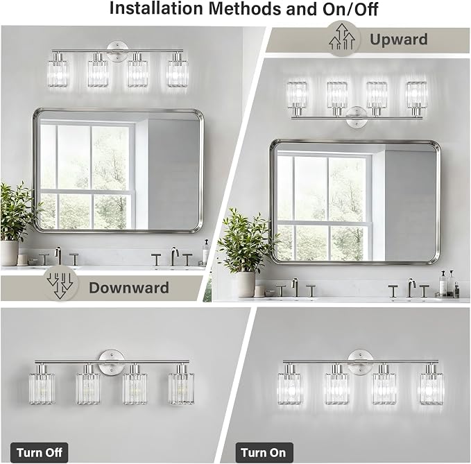 4 Light Bathroom Light Fixtures, Modern Crystal Vanity Lights over Mirror | Metal Frame, Bathroom Light with Square Crystal Shade, ETL Certified, E26 Ceramic Socket, Bulbs Not Included