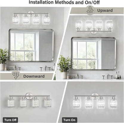 4 Light Bathroom Light Fixtures, Modern Crystal Vanity Lights over Mirror | Metal Frame, Bathroom Light with Square Crystal Shade, ETL Certified, E26 Ceramic Socket, Bulbs Not Included