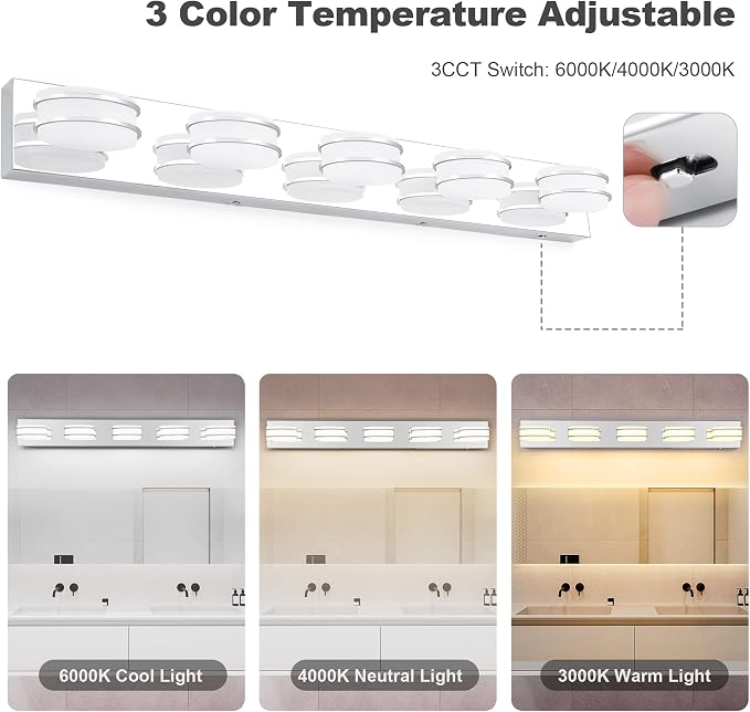 3 Color Temperature Dimmable Bathroom Light Fixtures over Mirror, LED Chrome 5 Light Vanity Lighting Fixtures, Acrylic Stainless Steel Square Shade Vanity Lights for Bathroom, ETL Certificated