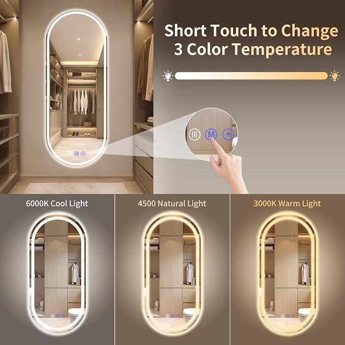 Oval LED Bathroom Mirror, 24"x 65" Led Full Length Mirror | Frameless Large LED Mirror with Front Light & Backlit, Anti-Fog, Dimmable Wall Mounted Lighted Mirror, Smart Bathroom Mirror