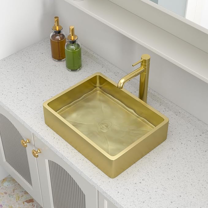 Logmey 16" Gold Shallow Bathroom Vessel Sink 16x12 Small Handmade 16 Gauge Stainless Steel Above Counter 4" Deep RV Bathroom Sink Rectangle Vessel Sinks with Pop up Drain Set